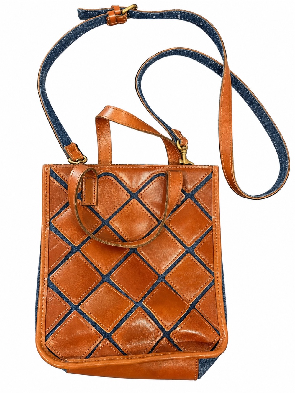 Patricia Nash Leather “Billie” Tote in leather and denim, handles and long strap